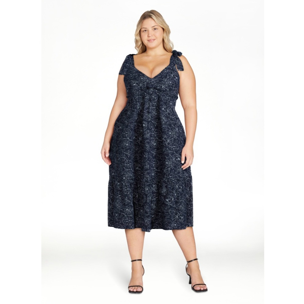 V neck tie strap midi dress